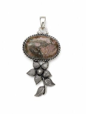 Silver Floral Pendant Necklace with Oval Stone - Pink Brown